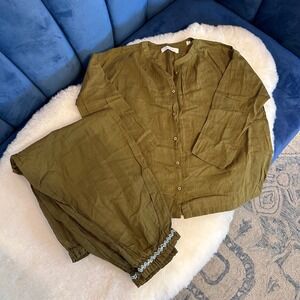 DOEN Olive Green Organic Cotton Pajama Lounge Play Set Smocked Ankle Pants Top 8